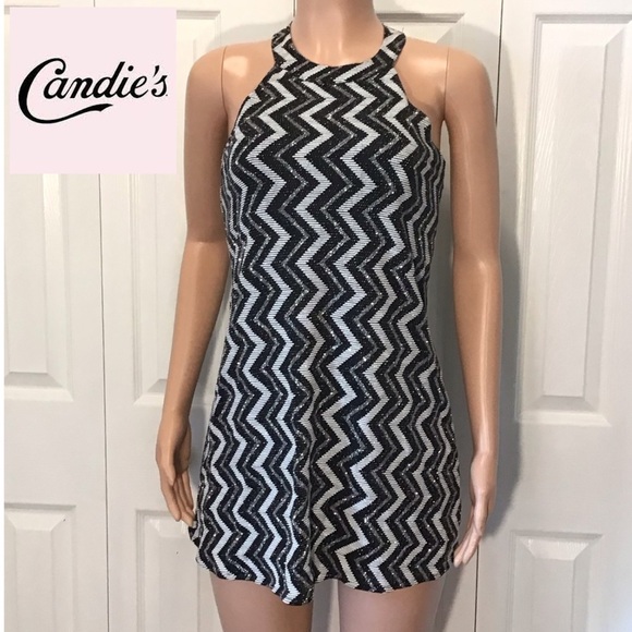 Candie’s Black & Silver Sparkle Zig Zag Halter Mini Dress Size Small - Picture 1 of 9